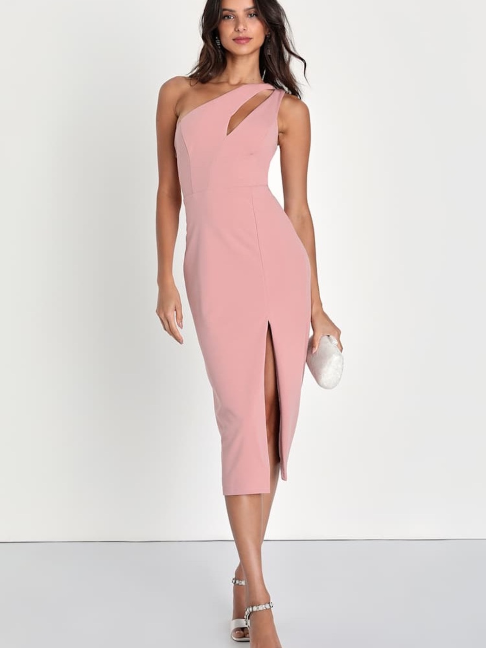 NWT Lulu's Cocktail Club Blush Pink One-Shoulder Midi Dress  Front Slit size S